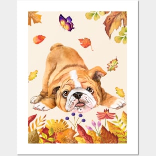 Cute Bulldog In Autumn Posters and Art